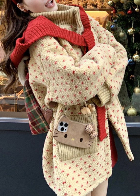 Cute Yellow Turtleneck Pockets Zippered Faux Fur Coats Lantern Sleeve