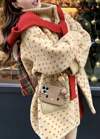 Cute Yellow Turtleneck Pockets Zippered Faux Fur Coats Lantern Sleeve