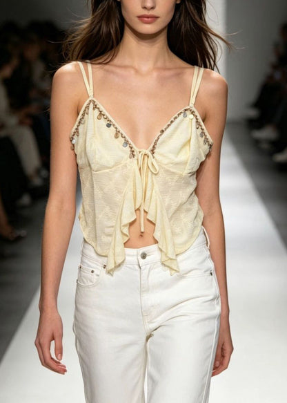 Cute Yellow V Neck Asymmetrical Tassel Patchwork Tie Lace Vest Sleeveless