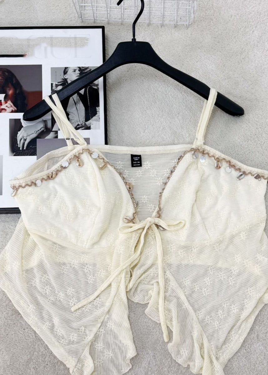 Cute Yellow V Neck Asymmetrical Tassel Patchwork Tie Lace Vest Sleeveless