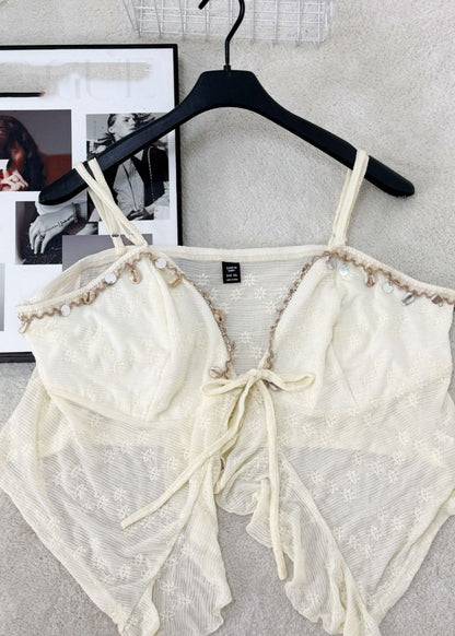 Cute Yellow V Neck Asymmetrical Tassel Patchwork Tie Lace Vest Sleeveless