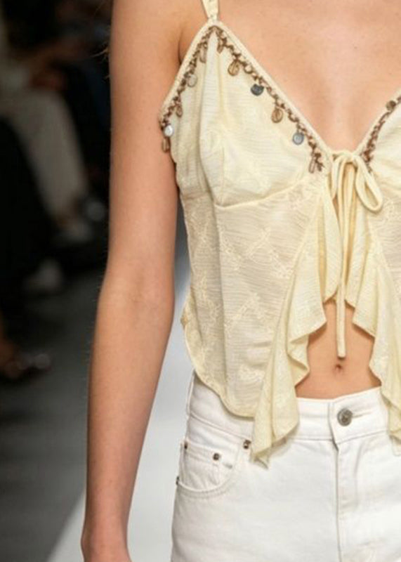Cute Yellow V Neck Asymmetrical Tassel Patchwork Tie Lace Vest Sleeveless