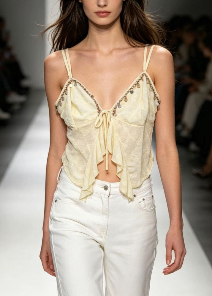 Cute Yellow V Neck Asymmetrical Tassel Patchwork Tie Lace Vest Sleeveless