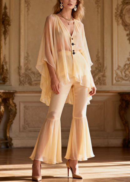 Cute Yellow V Neck Button Patchwork Chiffon Shirts And Flared Trousers Two Pieces Set Spring