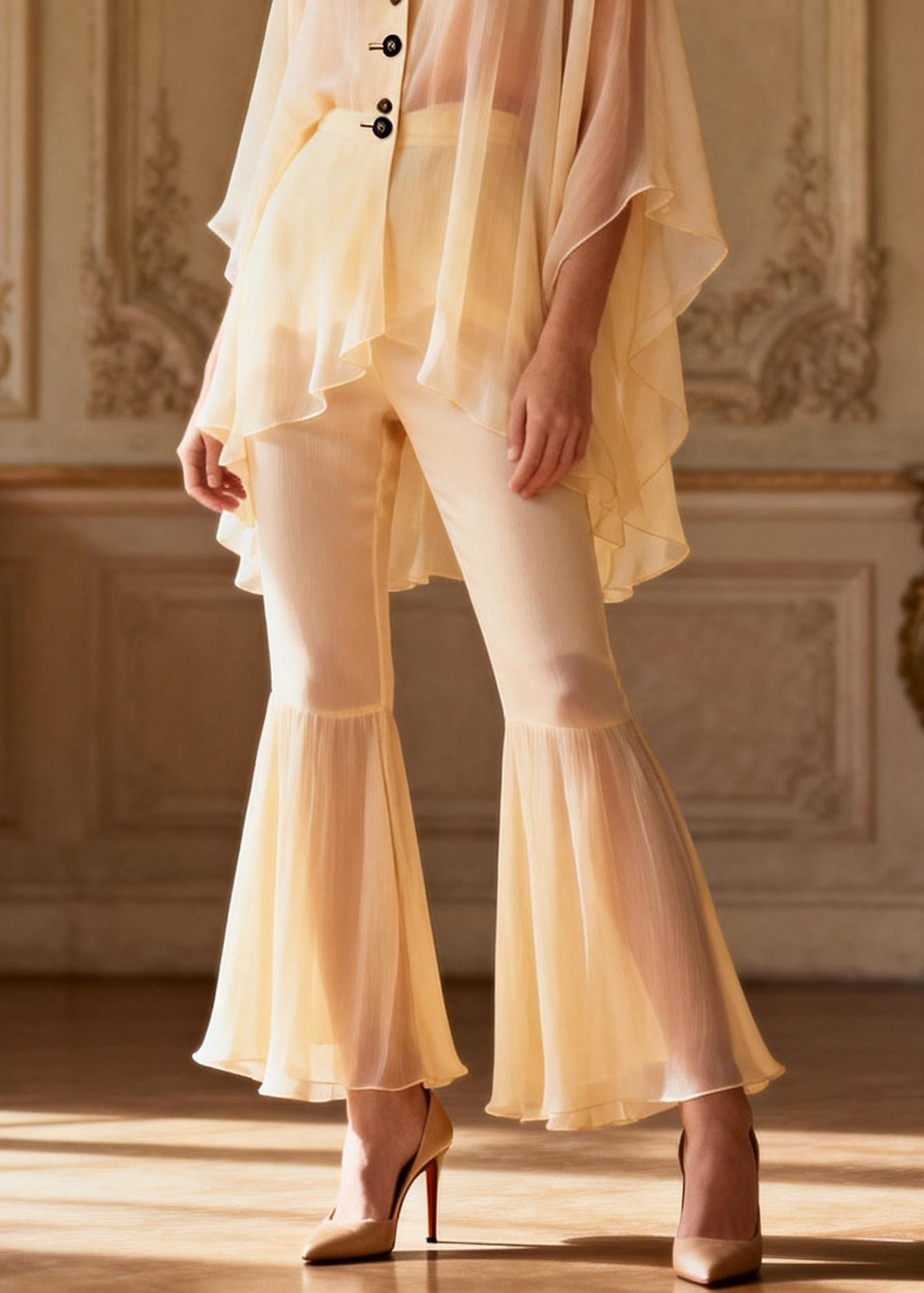 Cute Yellow V Neck Button Patchwork Chiffon Shirts And Flared Trousers Two Pieces Set Spring