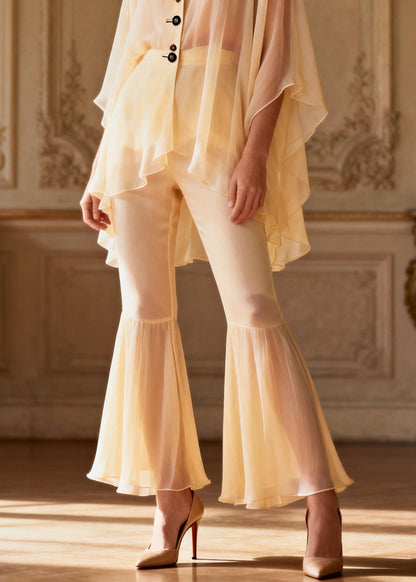 Cute Yellow V Neck Button Patchwork Chiffon Shirts And Flared Trousers Two Pieces Set Spring