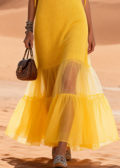 Cute Yellow V Neck Ruffled Tulle Patchwork Cotton Knit Long Dress Sleeveless