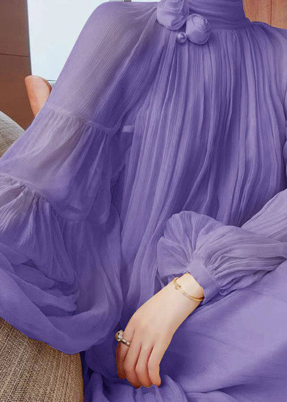 Cute Yellow Wrinkled Patchwork Chiffon Long Dress Lantern Sleeve