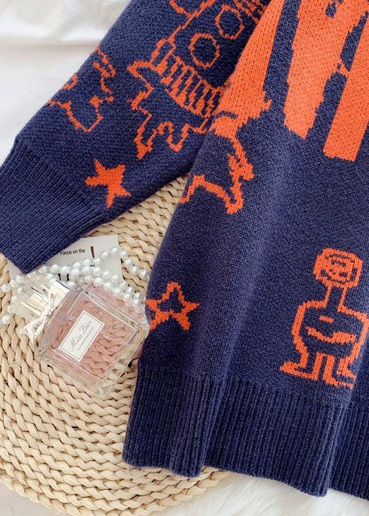 Cute alphabet prints navy knitwear  plus size high neck knit blouse - SooLinen