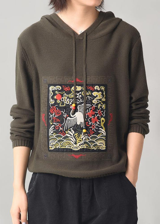 Cute army green knitted outwear plus size hooded knitted coat autumn - SooLinen