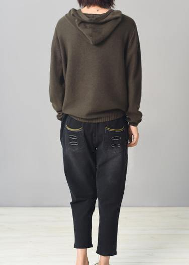 Cute army green knitted outwear plus size hooded knitted coat autumn - SooLinen