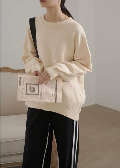 Cute beige crane tops o neck Cinched plus size sweaters - SooLinen