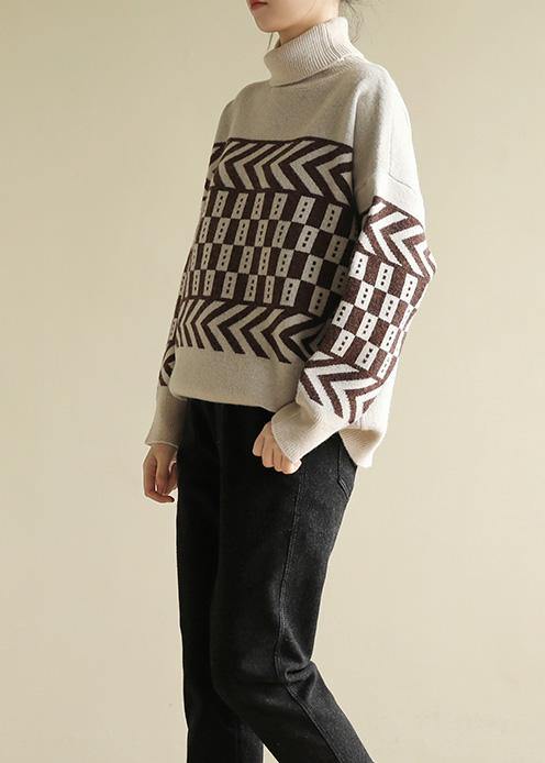 Cute beige knitted pullover patchwork oversized high neck sweaters - SooLinen