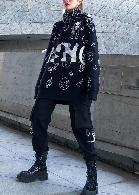 Cute black Cartoon print knitted t shirt casual high neck knit sweat tops - SooLinen