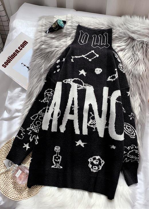 Cute black Sweater Blouse high neck oversized alphabet print knitted blouse - SooLinen