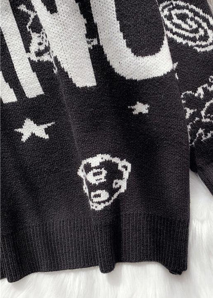 Cute black Sweater Blouse high neck oversized alphabet print knitted blouse - SooLinen