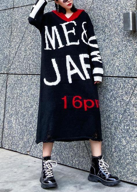 Cute black Sweater dress outfit Upcycle alphabet Fuzzy hooded sweater dress - SooLinen