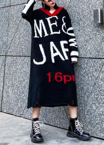 Cute black Sweater dress outfit Upcycle alphabet Fuzzy hooded sweater dress - SooLinen