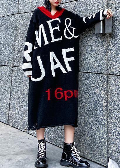 Cute black Sweater dress outfit Upcycle alphabet Fuzzy hooded sweater dress - SooLinen