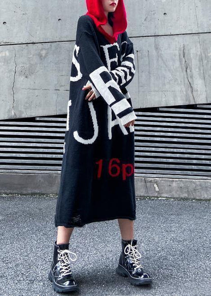 Cute black Sweater dress outfit Upcycle alphabet Fuzzy hooded sweater dress - SooLinen
