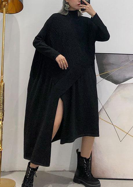 Cute black Sweater dress outfit plus size side open asymmetric oversized fall knit top - SooLinen