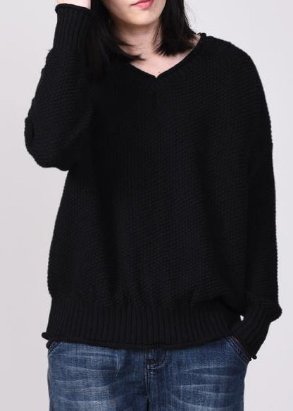 Cute black knit tops plus size autumn sweater v neck - SooLinen