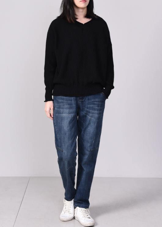 Cute black knit tops plus size autumn sweater v neck - SooLinen