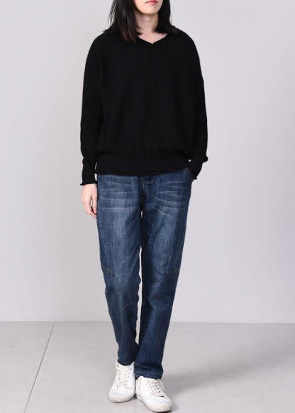 Cute black knit tops plus size autumn sweater v neck - SooLinen