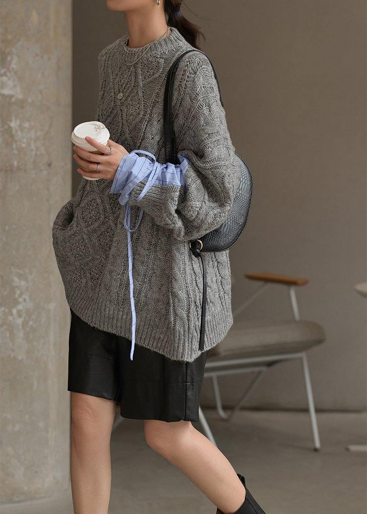 Cute gray knitted blouse casual o neck patchwork clothes For Women - SooLinen