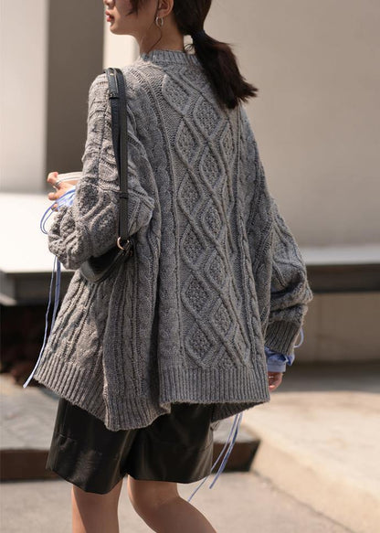 Cute gray knitted blouse casual o neck patchwork clothes For Women - SooLinen