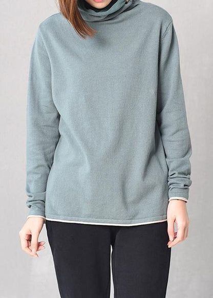 Cute long sleeve knit tops plus size high neck sweater blue - SooLinen