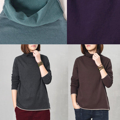 Cute long sleeve knit tops plus size high neck sweater blue - SooLinen