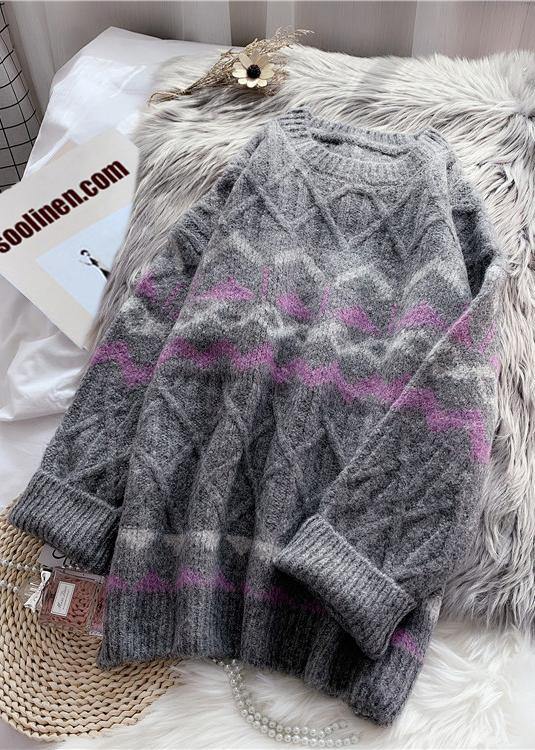 Cute o neck Sweater dress outfit plus size dark gray striped oversized knit dresses - SooLinen