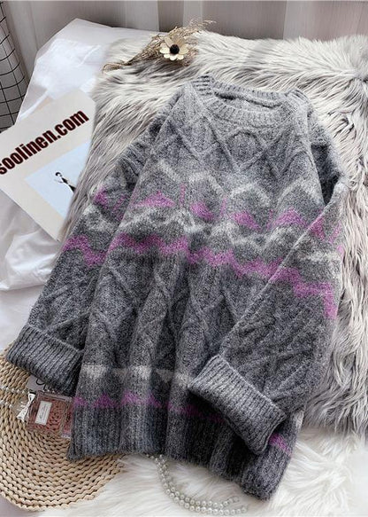 Cute o neck Sweater dress outfit plus size dark gray striped oversized knit dresses - SooLinen