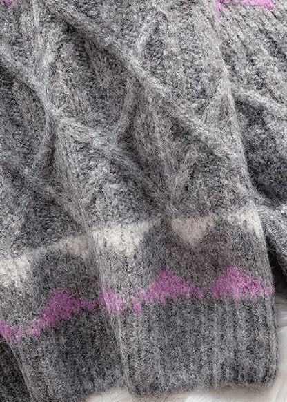 Cute o neck Sweater dress outfit plus size dark gray striped oversized knit dresses - SooLinen