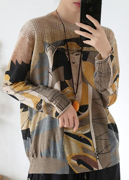 Cute o neck yellow print sweaters Loose fitting Batwing Sleeve knitted top - SooLinen