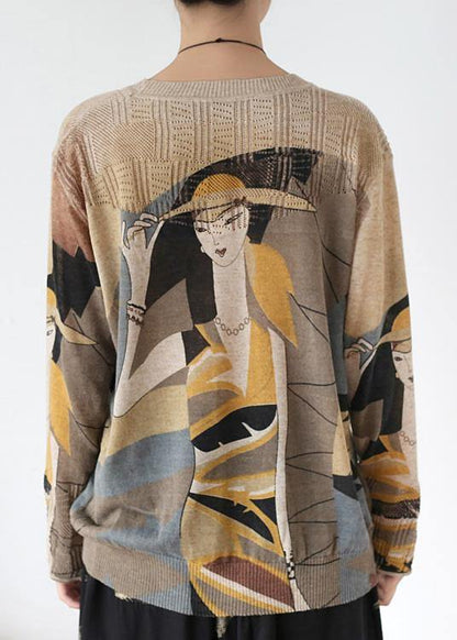 Cute o neck yellow print sweaters Loose fitting Batwing Sleeve knitted top - SooLinen