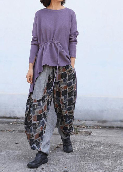 Cute purple clothes trendy plus size o neck knitted blouse drawstring asymmetric - SooLinen