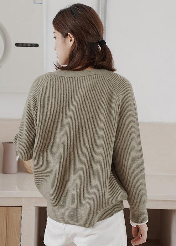 Cute thick knitted coat plus size clothing army green neck knitted jackets - SooLinen