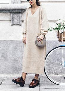 Cute v neck baggy Sweater weather plus size nude Big knitted tops - SooLinen