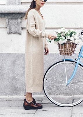 Cute v neck baggy Sweater weather plus size nude Big knitted tops - SooLinen