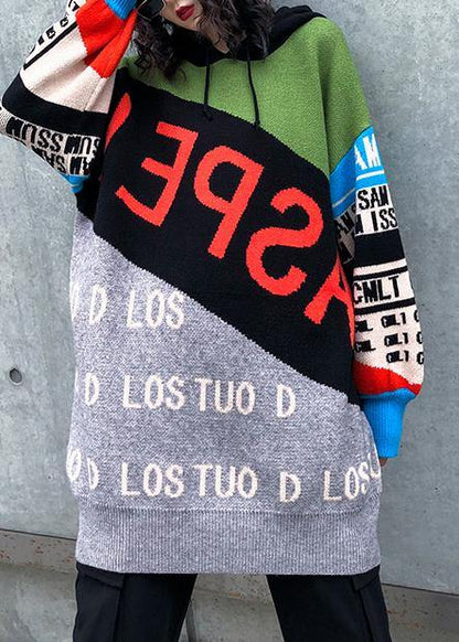 Cute winter patchwork prints knitwear plus size hooded knitted t shirt - SooLinen