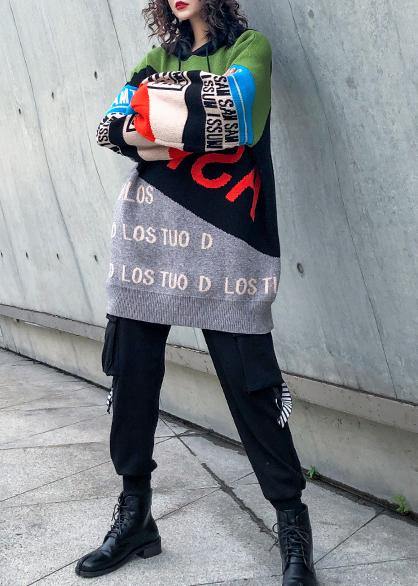 Cute winter patchwork prints knitwear plus size hooded knitted t shirt - SooLinen