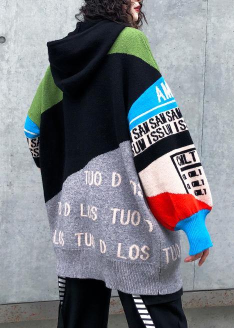 Cute winter patchwork prints knitwear plus size hooded knitted t shirt - SooLinen