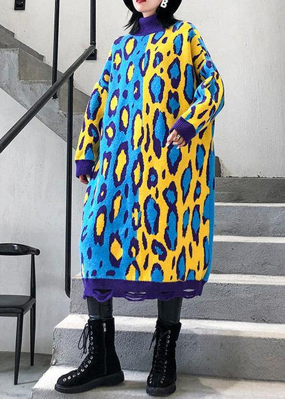 Cute yellow prints Sweater knit top pattern Beautiful winter Big patchwork sweater dresses - SooLinen