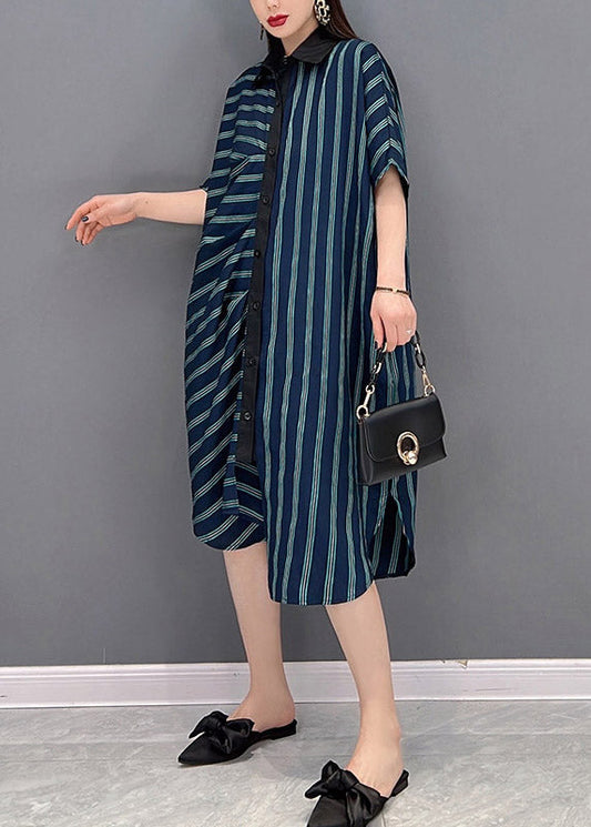 Cyan Button Pockets Side Open Dresses Short Sleeve