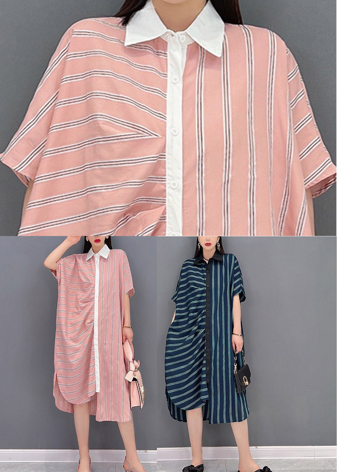 Cyan Button Pockets Side Open Dresses Short Sleeve