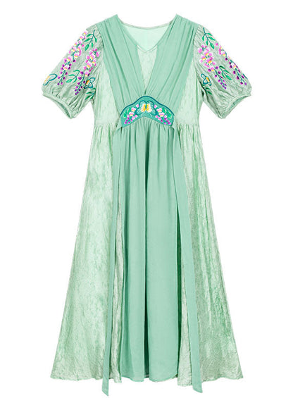 Cyan Silk Long Dresses Cinched V Neck Short Sleeve