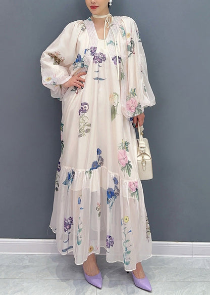 DIY Apricot Oversized Print Chiffon Holiday Dress Summer