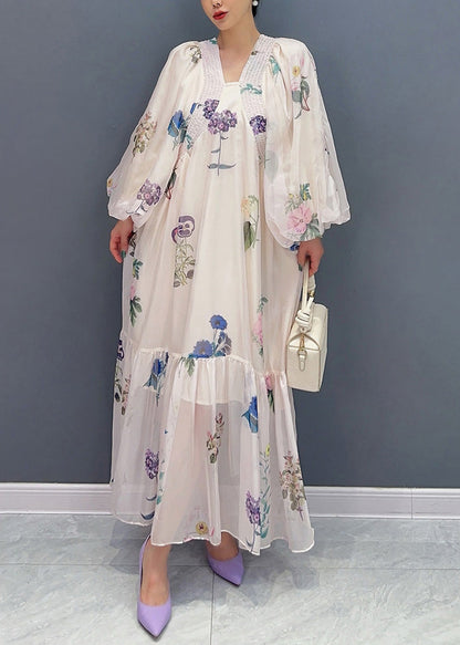 DIY Apricot Oversized Print Chiffon Holiday Dress Summer